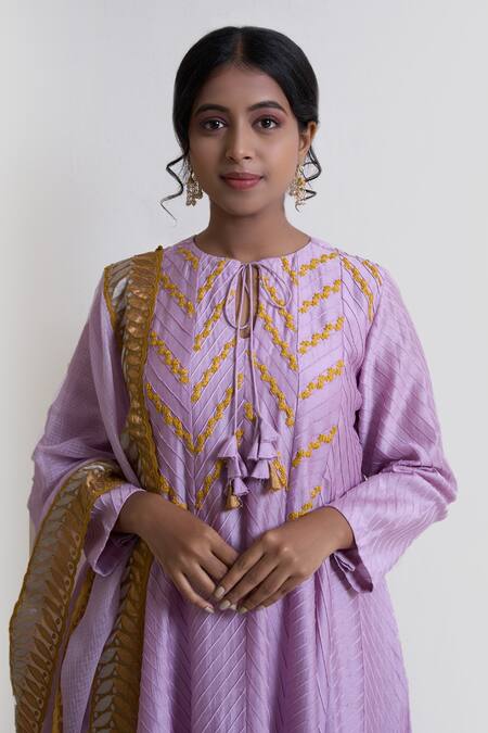Buy_Brij_Purple Chanderi Silk, Kota Doria Embroidery, Pintucked Kalidar Kurta Pant Set_Online_at_Aza_Fashions
