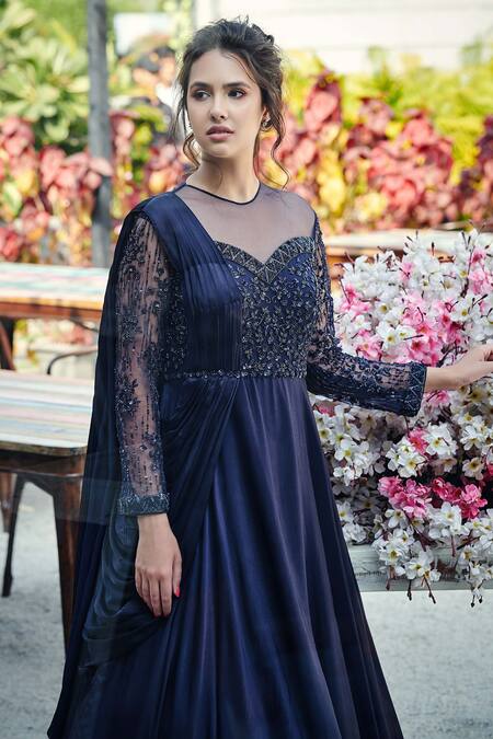 Buy_Suruchi Parakh_Blue Satin Silk Lining Shantoon Sequin, Cutdana And Beads Round Embellished Gown_Online_at_Aza_Fashions