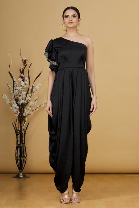 Gunu Sahni Black One Shoulder Draped Jumpsuit Online at Aza Fashions Gunu Sahni_Black One Shoulder Draped Jumpsuit_Online_at_Aza_Fashions