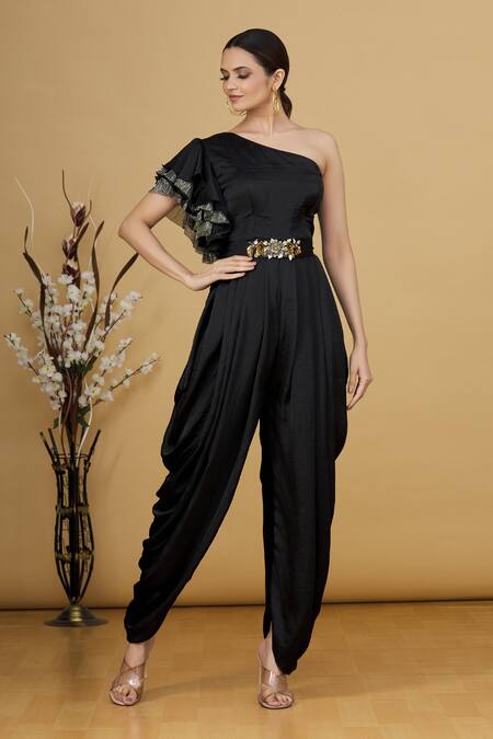 Buy Gunu Sahni Black One Shoulder Draped Jumpsuit Online at Aza Fashions Buy_Gunu Sahni_Black One Shoulder Draped Jumpsuit_Online_at_Aza_Fashions