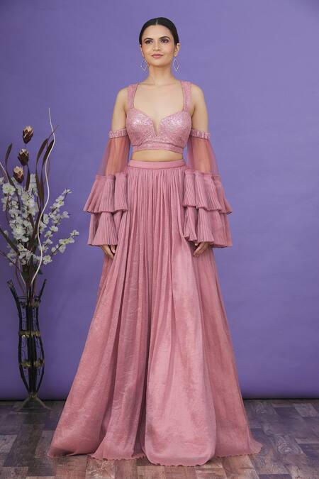 Supria Munjal_Pink Cold Shoulder Ruffle Choli Lehenga Set_Online_at_Aza_Fashions