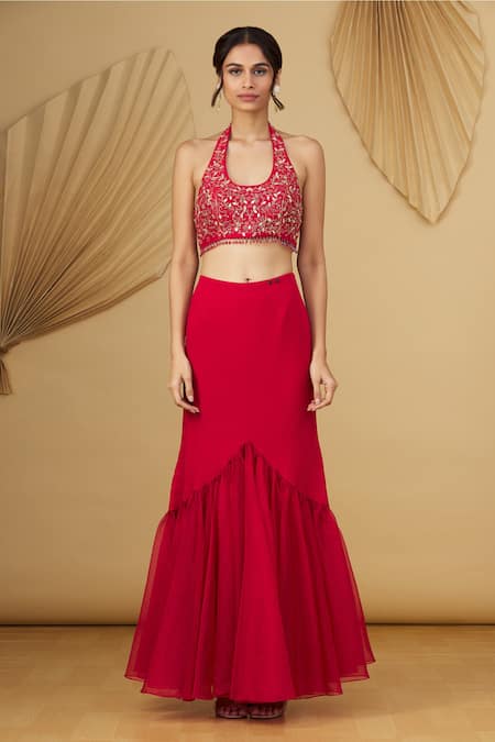 Asaga_Red Floral Motifs U Neck Ruffle Draped Lehenga Saree _Online_at_Aza_Fashions