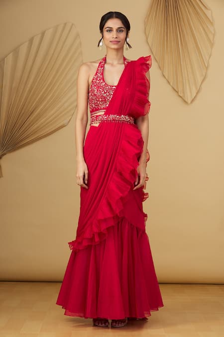 Buy_Asaga_Red Floral Motifs U Neck Ruffle Draped Lehenga Saree _Online_at_Aza_Fashions