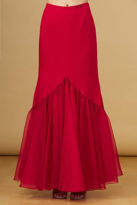 Asaga_Red Floral Motifs U Neck Ruffle Draped Lehenga Saree _at_Aza_Fashions