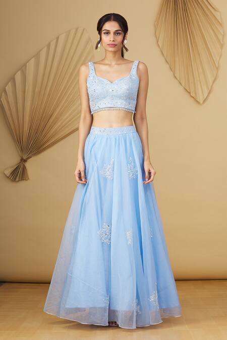 Asaga_Blue Floral Motifs V Neck Embroidered Lehenga Set _Online_at_Aza_Fashions