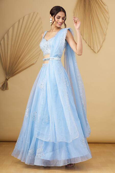 Buy_Asaga_Blue Floral Motifs V Neck Embroidered Lehenga Set _Online_at_Aza_Fashions