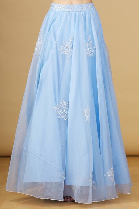 Asaga_Blue Floral Motifs V Neck Embroidered Lehenga Set _at_Aza_Fashions