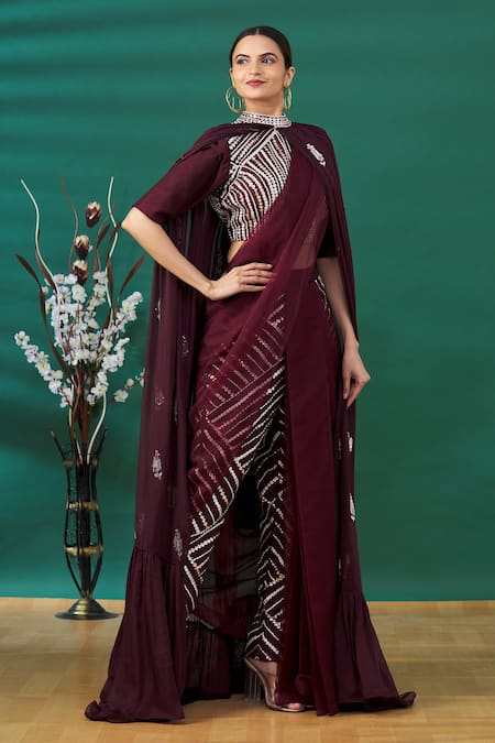 Masumi Mewawalla_Purple Floral Motifs Blouse Round, Cape Open And Embroidered Pant Saree Set _Online_at_Aza_Fashions