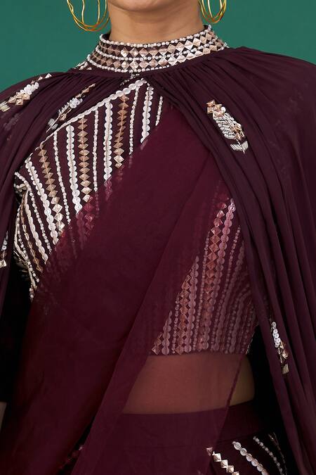 Masumi Mewawalla_Purple Floral Motifs Blouse Round, Cape Open And Embroidered Pant Saree Set _at_Aza_Fashions