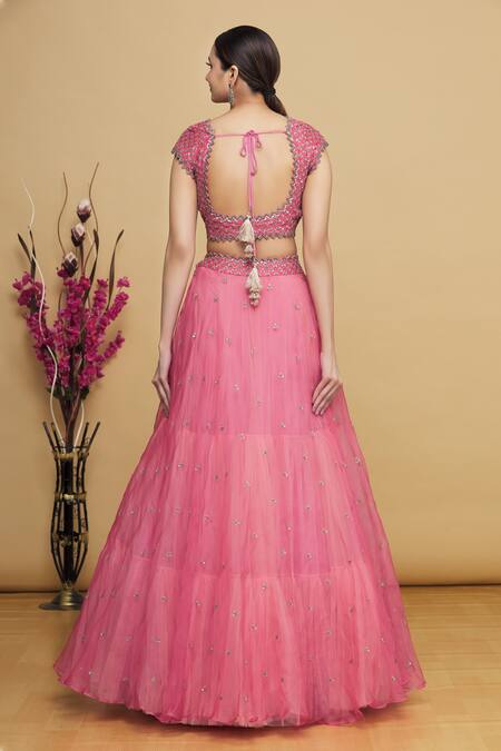 Shop Keerthi Kadire Peach Tiered Lehenga Set at Aza Fashions Shop_Keerthi Kadire_Peach Tiered Lehenga Set_at_Aza_Fashions