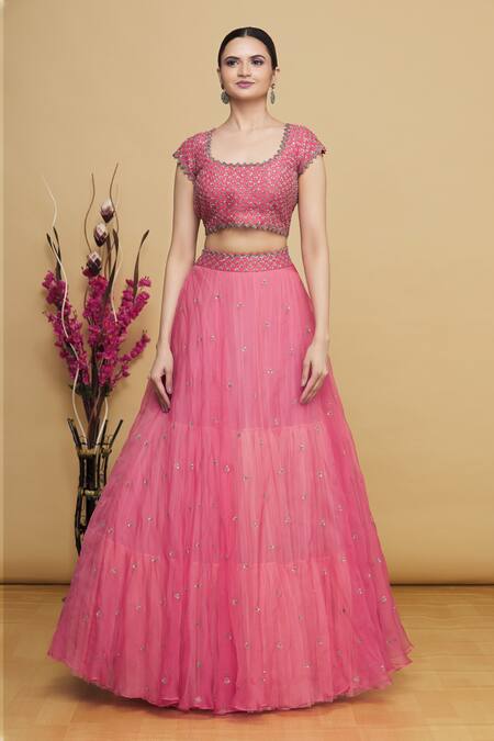 Keerthi Kadire Peach Tiered Lehenga Set Online at Aza Fashions Keerthi Kadire_Peach Tiered Lehenga Set_Online_at_Aza_Fashions