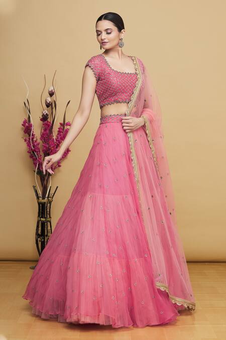 Buy Keerthi Kadire Peach Tiered Lehenga Set Online at Aza Fashions Buy_Keerthi Kadire_Peach Tiered Lehenga Set_Online_at_Aza_Fashions