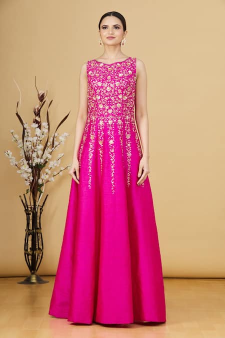 Masumi Mewawalla Pink Floral Buttas Round Embroidered Gown Online at Aza Fashions Masumi Mewawalla_Pink Floral Buttas Round Embroidered Gown _Online_at_Aza_Fashions