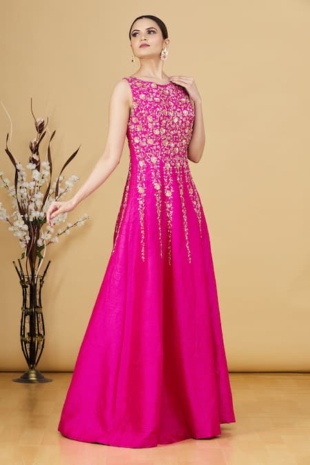 Buy Masumi Mewawalla Pink Floral Buttas Round Embroidered Gown Online at Aza Fashions Buy_Masumi Mewawalla_Pink Floral Buttas Round Embroidered Gown _Online_at_Aza_Fashions
