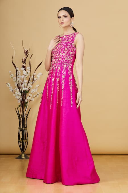 Shop Masumi Mewawalla Pink Floral Buttas Round Embroidered Gown Online at Aza Fashions Shop_Masumi Mewawalla_Pink Floral Buttas Round Embroidered Gown _Online_at_Aza_Fashions