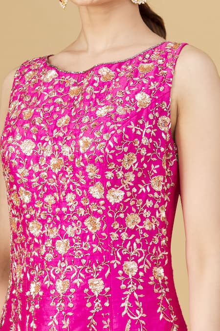 Masumi Mewawalla Pink Floral Buttas Round Embroidered Gown at Aza Fashions Masumi Mewawalla_Pink Floral Buttas Round Embroidered Gown _at_Aza_Fashions