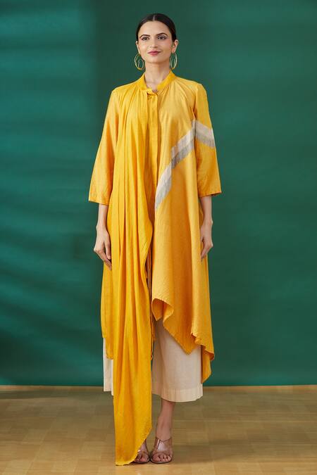 Ezra_Orange Striped Band Collar Asymmetric Tunic  _Online_at_Aza_Fashions