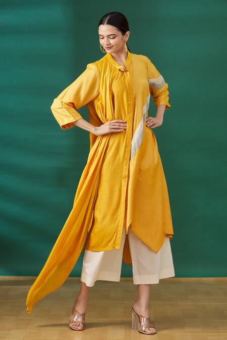 Buy_Ezra_Orange Striped Band Collar Asymmetric Tunic  _Online_at_Aza_Fashions