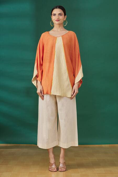 Ezra_Orange Round Colorblock Top_Online_at_Aza_Fashions