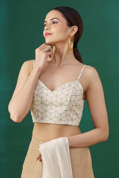 Buy_Ezra_White Foil V Neck Strappy Crop Top  _Online_at_Aza_Fashions