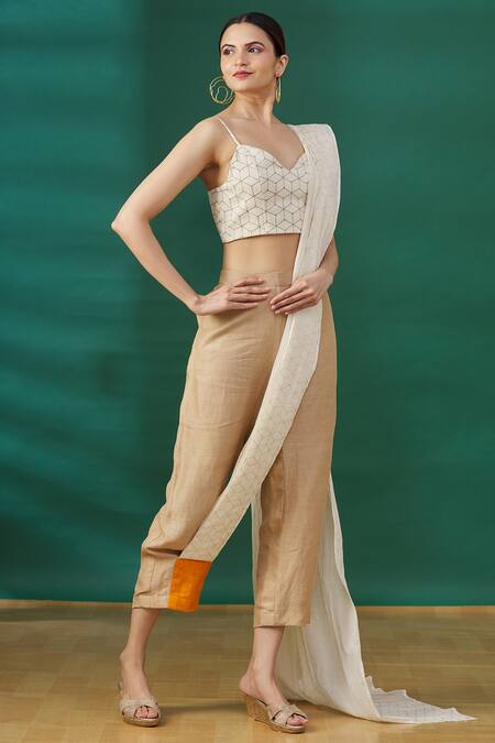 Buy_Ezra_Beige Foil Print Pant Saree_Online_at_Aza_Fashions