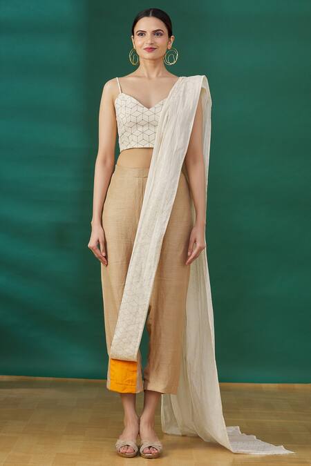 Ezra_Beige Foil Print Pant Saree_Online_at_Aza_Fashions