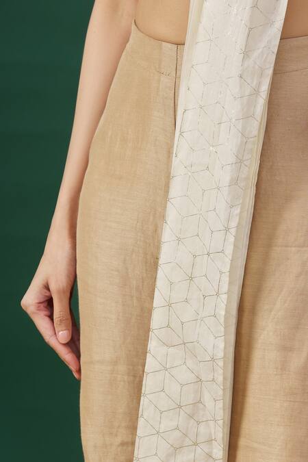 Ezra_Beige Foil Print Pant Saree_at_Aza_Fashions