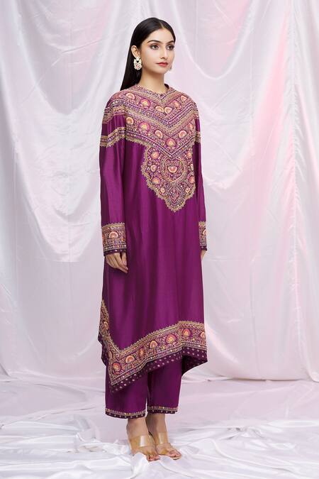 Petticoat Lane By Divya Purple Chanderi Floral Motifs Keyhole Embroidered Kurta And Pant Set Online at Aza Fashions Petticoat Lane By Divya_Purple Chanderi Floral Motifs Keyhole Embroidered Kurta And Pant Set _Online_at_Aza_Fashions