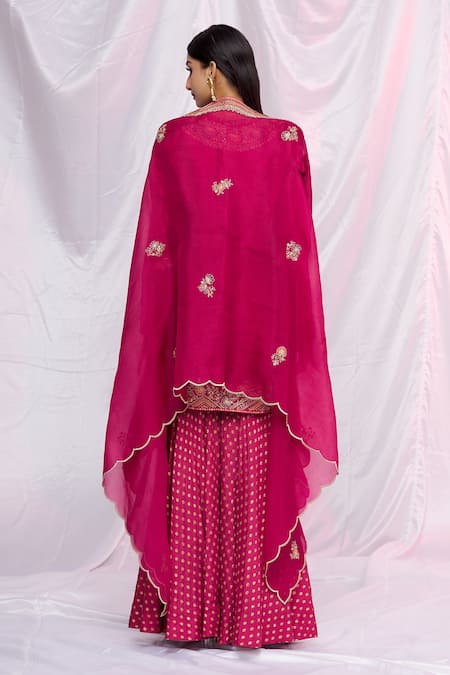 Shop Petticoat Lane By Divya Pink Organza, Chanderi, Brocade Floral Motifs Cape Open, Sharara Set With at Aza Fashions Shop_Petticoat Lane By Divya_Pink Organza, Chanderi, Brocade Floral Motifs Cape Open, Sharara Set With _at_Aza_Fashions