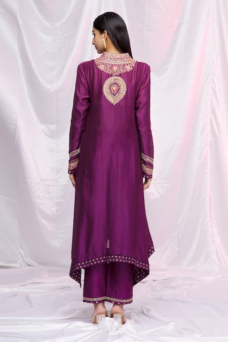 Shop Petticoat Lane By Divya Purple Chanderi Floral Motifs Mandarin Collar Kurta And Pant Set at Aza Fashions Shop_Petticoat Lane By Divya_Purple Chanderi Floral Motifs Mandarin Collar Kurta And Pant Set _at_Aza_Fashions