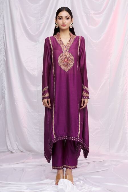 Buy Petticoat Lane By Divya Purple Chanderi Floral Motifs Mandarin Collar Kurta And Pant Set Online at Aza Fashions Buy_Petticoat Lane By Divya_Purple Chanderi Floral Motifs Mandarin Collar Kurta And Pant Set _Online_at_Aza_Fashions