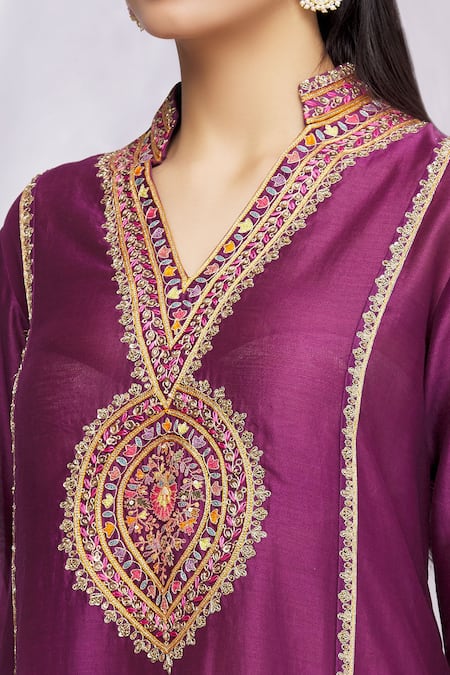 Petticoat Lane By Divya Purple Chanderi Floral Motifs Mandarin Collar Kurta And Pant Set at Aza Fashions Petticoat Lane By Divya_Purple Chanderi Floral Motifs Mandarin Collar Kurta And Pant Set _at_Aza_Fashions