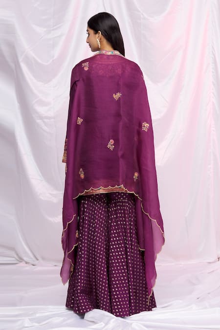 Shop Petticoat Lane By Divya Purple Cape Organza, Sharara Brocade Floral Motifs, Mirror Work Cape Set With at Aza Fashions Shop_Petticoat Lane By Divya_Purple Cape Organza, Sharara Brocade Floral Motifs, Mirror Work Cape Set With _at_Aza_Fashions