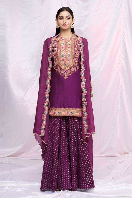 Petticoat Lane By Divya Purple Cape Organza, Sharara Brocade Floral Motifs, Mirror Work Cape Set With Online at Aza Fashions Petticoat Lane By Divya_Purple Cape Organza, Sharara Brocade Floral Motifs, Mirror Work Cape Set With _Online_at_Aza_Fashions