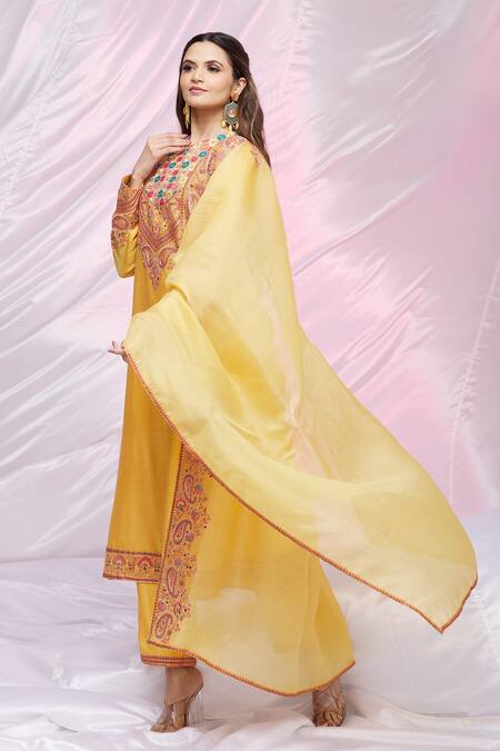Petticoat Lane By Divya_Yellow Organza, Chanderi Floral Motifs, Mirror Work Round Embroidered Kurta Set _Online_at_Aza_Fashions