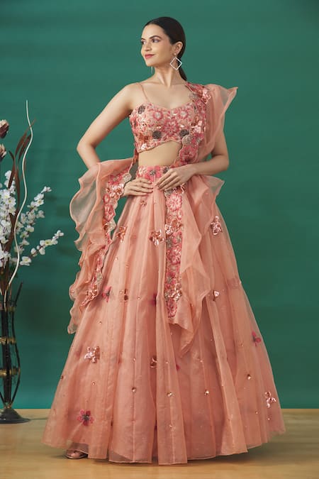 Silky Bindra Pink Floral Motifs V Neck Lehenga Set With Ruffle Dupatta