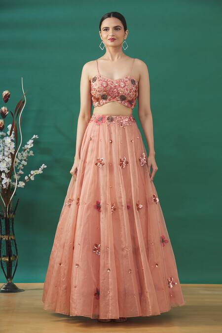 Buy_Silky Bindra_Pink Floral Motifs V Neck Lehenga Set With Ruffle Dupatta_Online_at_Aza_Fashions
