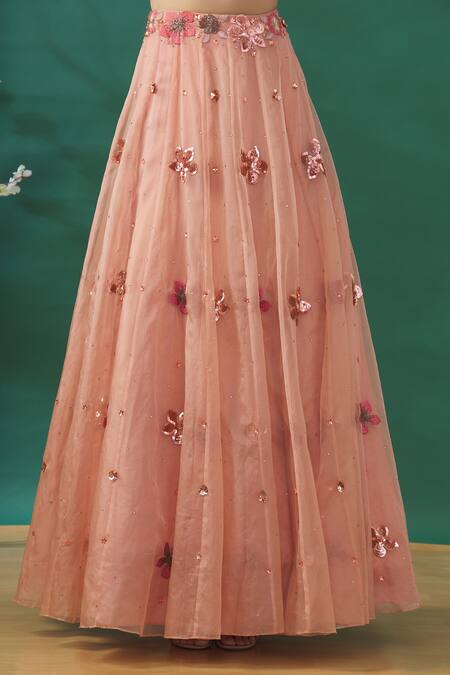 Shop_Silky Bindra_Pink Floral Motifs V Neck Lehenga Set With Ruffle Dupatta_Online_at_Aza_Fashions