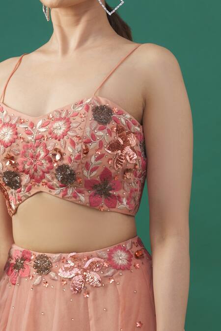 Silky Bindra_Pink Floral Motifs V Neck Lehenga Set With Ruffle Dupatta_at_Aza_Fashions