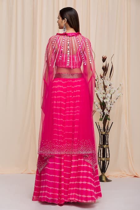 Shop Yoshita Couture Pink Border Satin, Lehenga And Blouse Georgette, Lining Manya Tie Dye Set With at Aza Fashions Shop_Yoshita Couture_Pink Border Satin, Lehenga And Blouse Georgette, Lining Manya Tie Dye Set With _at_Aza_Fashions