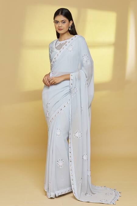 White Pearl Work Pure Organza Blue Saree – Organza Mall