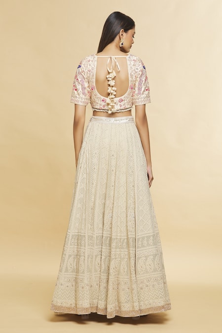 Shop_Romaa_Cream Chikankari, Zari And Mukaish Work V Neck Embroidered Bridal Lehenga Set _at_Aza_Fashions