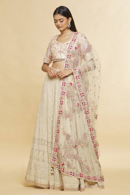 Romaa_Cream Chikankari, Zari And Mukaish Work V Neck Embroidered Bridal Lehenga Set _Online_at_Aza_Fashions