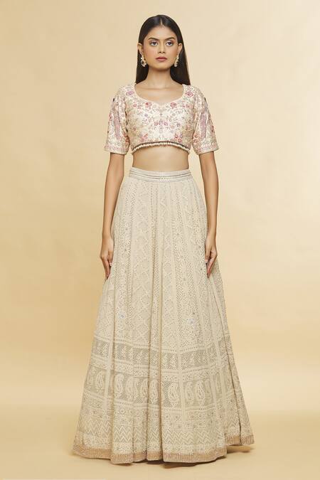 Buy_Romaa_Cream Chikankari, Zari And Mukaish Work V Neck Embroidered Bridal Lehenga Set _Online_at_Aza_Fashions