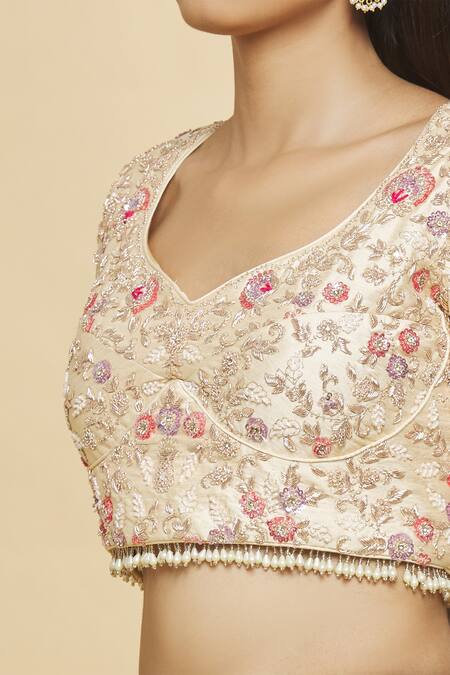 Shop_Romaa_Cream Chikankari, Zari And Mukaish Work V Neck Embroidered Bridal Lehenga Set _Online_at_Aza_Fashions