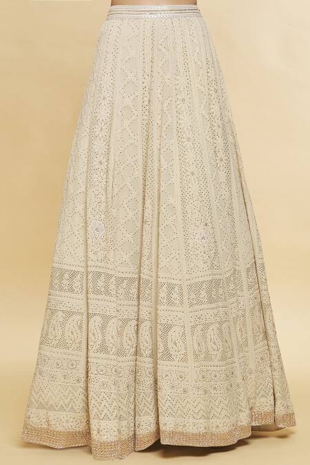 Romaa_Cream Chikankari, Zari And Mukaish Work V Neck Embroidered Bridal Lehenga Set _at_Aza_Fashions