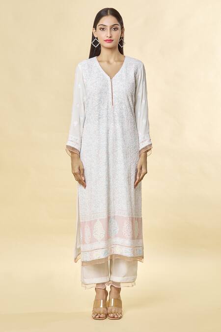 Buy_Romaa_White Chikankari, Moti And Cutdana Work V Neck Embroidered Kurta Set _Online_at_Aza_Fashions