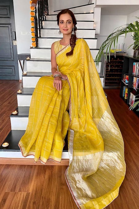 Anavila Yellow Linen Checkered Saree