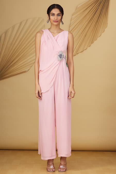 Buy_Rajat K Tangri_Pink Georgette Cutdana And Sequin, Beads One Shoulder Pre-draped Jumpsuit Saree _Online_at_Aza_Fashions