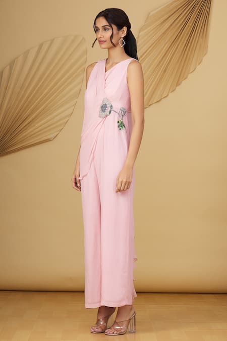 Shop_Rajat K Tangri_Pink Georgette Cutdana And Sequin, Beads One Shoulder Pre-draped Jumpsuit Saree _Online_at_Aza_Fashions